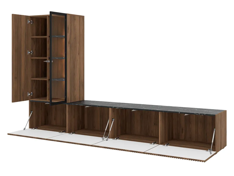 Klinkerville möbelset ribbad TV bänk vitrinskåp med LED belysning vägghängd - golvstående 260 cm - Valnöt brun - Products - Förvaring - Förvaringsmöbler - Möbelset för vardagsrum