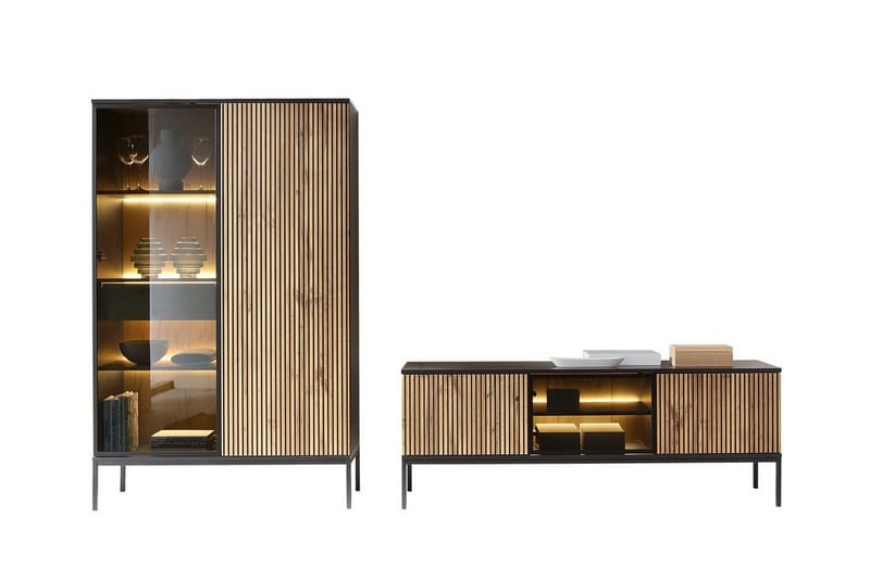 Klinkerville Möbelset Vardagsrum - Tv bänk & Vitrinskåp med Belysning, Svart Trä / Brun / Ribbad / Glas