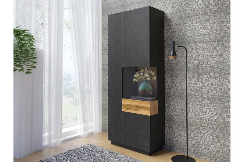 Tomeka Vitrinskåp 40 cm djup 80 cm bred 207 cm hög Mörkt Trä Hylla Höger - Trä - Products - Förvaring - Skåp - Vitrinskåp