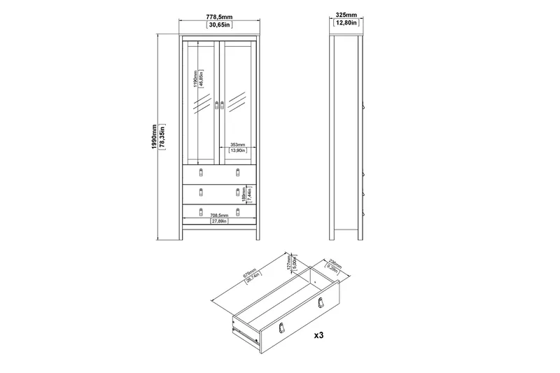 Vallvidera Vitrinskåp 33 cm djup 78 cm bred 199 cm hög Ljust Trä Glas - Vit - Products - Förvaring - Skåp - Vitrinskåp