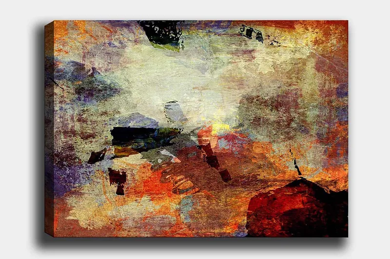 Canvastavla 70x100 cm - Abstrakt komposition med dynamiska färgfält som skapar en känsla av rörelse och djup, Röd / Orange / Grön