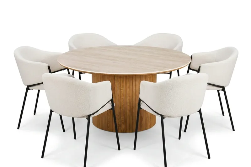 Arvo Matgrupp runt 150 cm Travertinlook med 6 Filip Matstolar, Ek