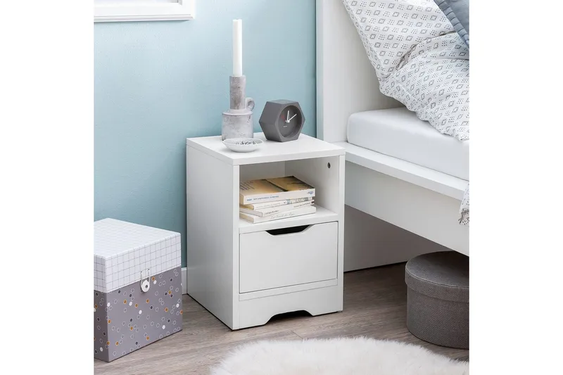 Sängbord Wohnling Vit med 1 låda Enkel modern design och hylla - Products - Möbler - Bord & matgrupp - Avlastningsbord & sidobord - Sängbord & nattduksbord
