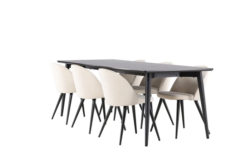 Ellis Matgrupp 230 cm Rektangulär med 6 Velvet stolar, Svart/Beige