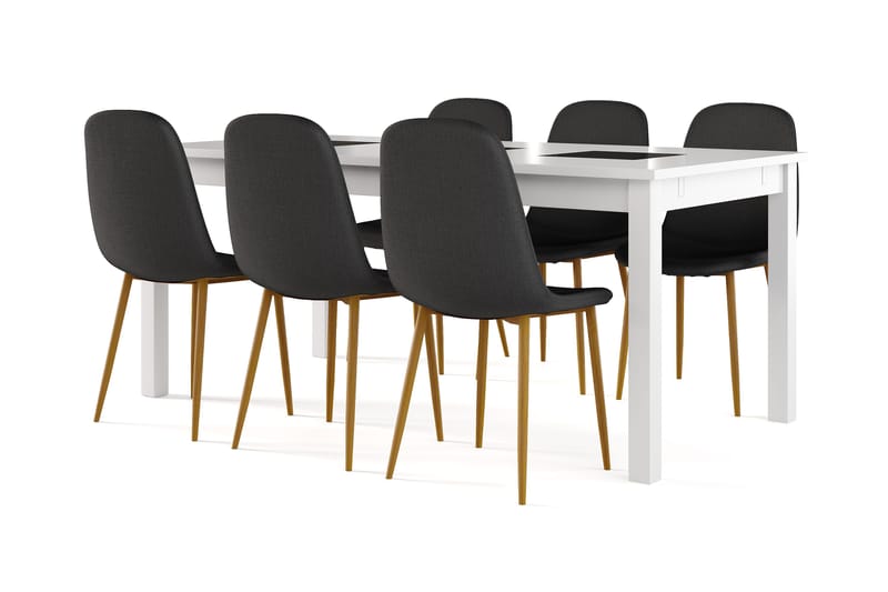 Jasmin Förlängningsbart Matbord 180 cm +  6 st Nibe stol svart med ek ben, Vit/Svart