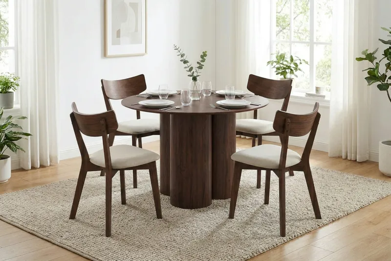 Juno Matgrupp 110 cm runt i Valnöt med 4 Amelia Matstolar med Dyna - Valnöt/Beige - Products - Möbler - Bord & matgrupp - Matgrupp