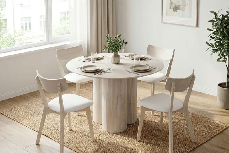 Juno Matgrupp 110 cm runt Vitlaserad med 4 Amelia Matstolar med Dyna - Vitlaserad/Beige - Products - Möbler - Bord & matgrupp - Matgrupp