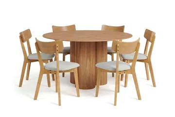 Juno Matgrupp 130 cm runt i Ek med 6 Amelia Matstolar med Dyna, Ek/Beige