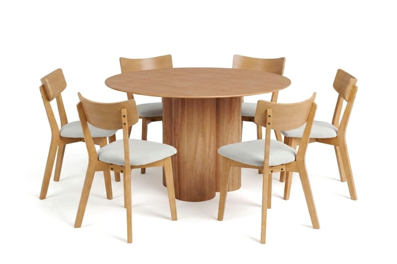 Juno Matgrupp 130 cm runt i Ek med 6 Amelia Matstolar med Dyna - Ek/Beige - Products - Möbler - Bord & matgrupp - Matgrupp