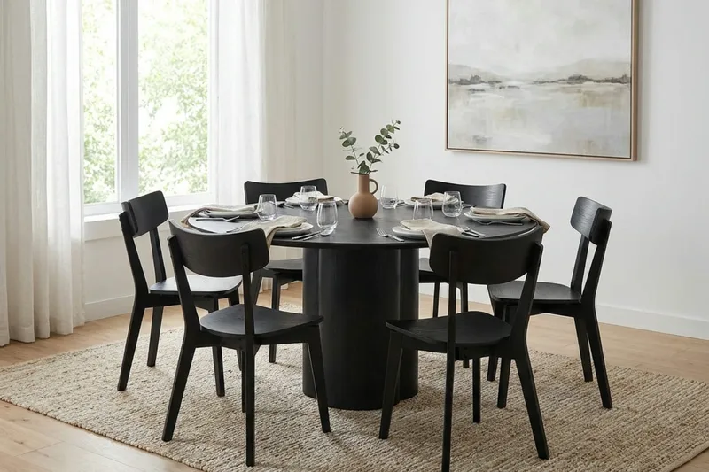 Juno Matgrupp 150 cm runt i Svart med 6 Amelia Matstolar - Svart - Products - Möbler - Bord & matgrupp - Matgrupp