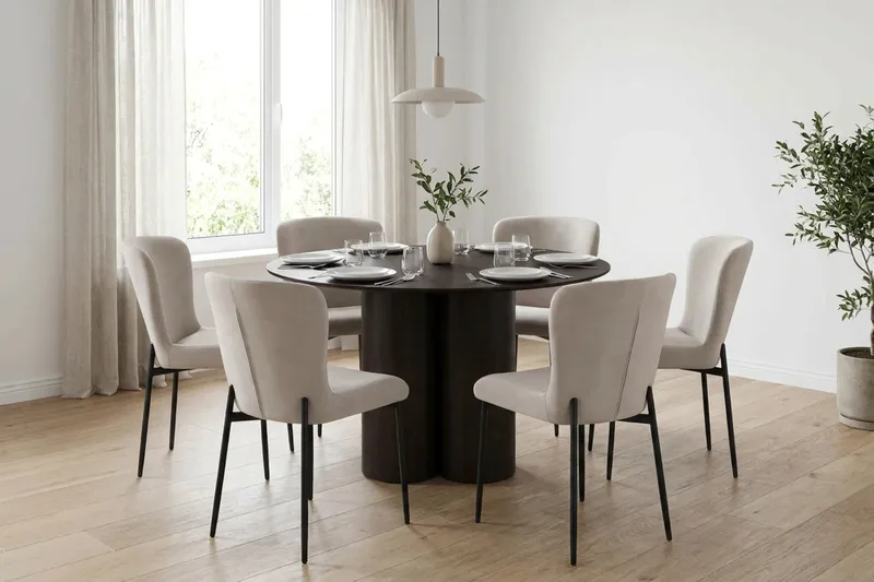 Juno Matgrupp runt 130 cm Rökt Ek med 6 Elsie Matstolar - Rökt ek/Beige - Products - Möbler - Bord & matgrupp - Matgrupp