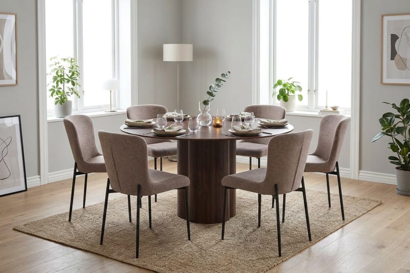 Juno Matgrupp runt 150 cm Valnöt med 6 Elsie Matstolar - Valnöt - Products - Möbler - Bord & matgrupp - Matgrupp