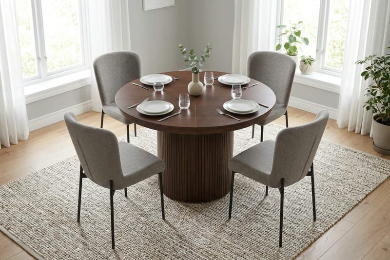 Kopparbo Förlängningsbart runt 120-220 cm Valnöt med 4 Elsie Matstolar - Valnöt/Ljusgrå - Products - Möbler - Bord & matgrupp - Matgrupp