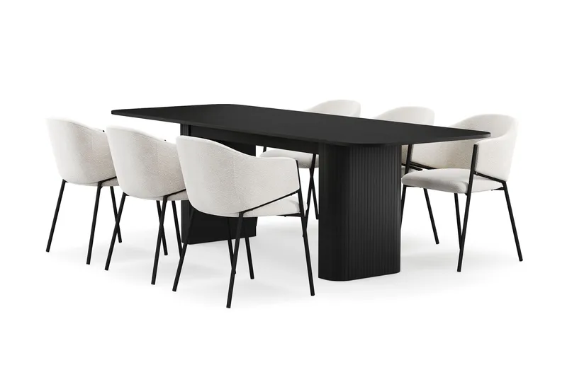Kopparbo Matbord 180-240 cm Förlängningsbart med 6 Filip Matstolar, Svart / Vit Bouclé