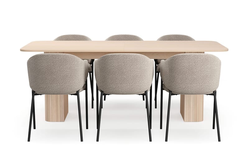 Kopparbo Matbord 200-260 cm Förlängningsbart med illäggsskiv med 6 Filip Matstolar - Vit / Taupe Bouclé - Products - Möbler - Bord & matgrupp - Matgrupp