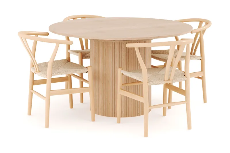 Kopparbo Matgrupp 130 cm Rund Förlängningsbart med 4 Dastoori Matstolar, Whitewash