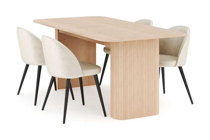 Kopparbo Matgrupp 180-240 cm Förlängningsbart med 4 Valeri Sammetsstolar - Whitewash - Products - Möbler - Bord & matgrupp - Matgrupp