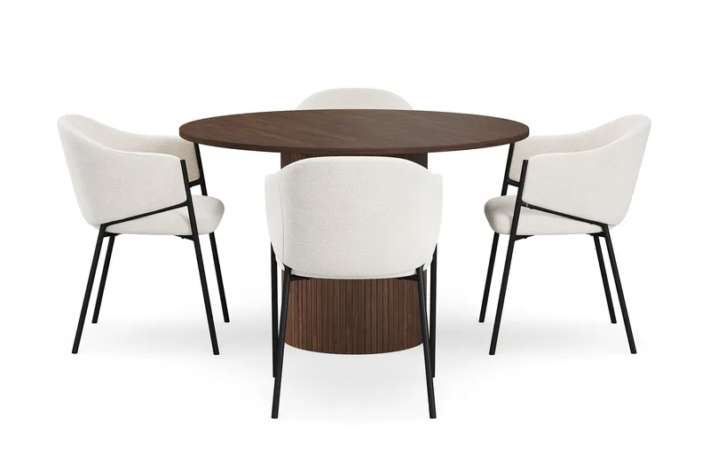 Kopparbo Runt Matbord 120 cm med 4 Filip Matstolar - Mörkbrun / Vit Bouclé - Products - Möbler - Bord & matgrupp - Matgrupp
