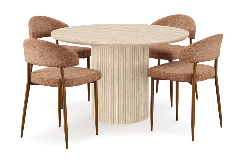 Kopparbo Runt Matbord 120cm Travetin utseende med 4 st Jairam Matstolar - Beige - Products - Möbler - Bord & matgrupp - Matgrupp
