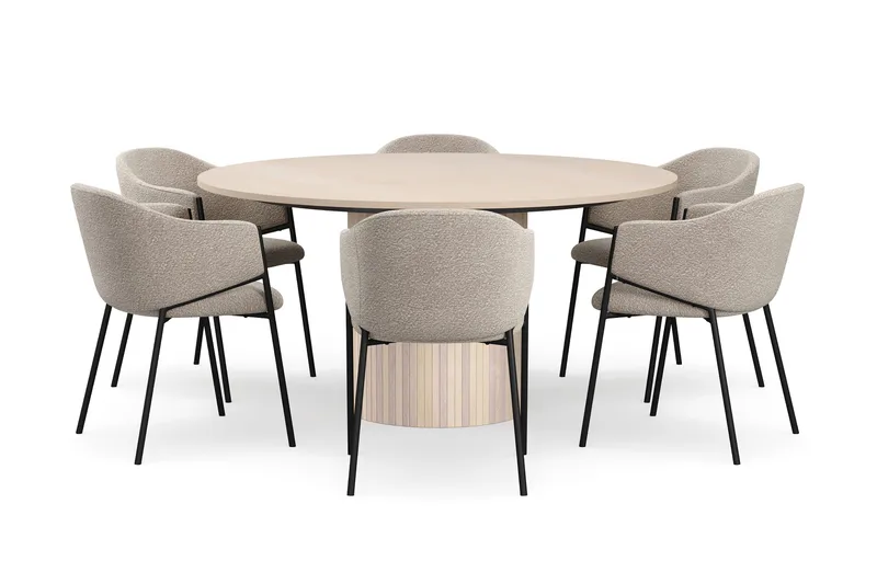 Kopparbo Runt Matbord 150 cm med 6 Filip Matstolar - Vit / Taupe Bouclé - Products - Möbler - Bord & matgrupp - Matgrupp