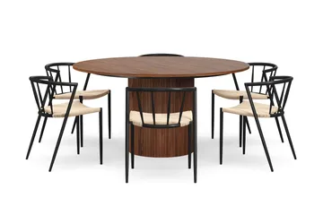 Kopparbo Runt Matbord 150 cm med 6 Winston Matstolar - Valnöt / Beige / Metallben Svart - Products - Möbler - Bord & matgrupp - Matgrupp