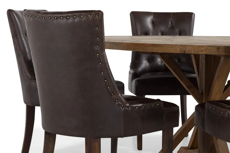 Lyon Matgrupp 150 cm Rund Mörkt trä med 6 Tuva Stolar - Vintage Alm / Brun Pu - Products - Möbler - Bord & matgrupp - Matgrupp