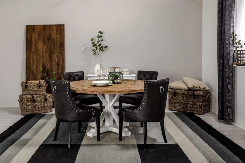 Lyon Matgrupp 150 cm Rund med 4 Tuva Fåtölj - Vintage Alm/Vit/Svart PU - Products - Möbler - Bord & matgrupp - Matgrupp