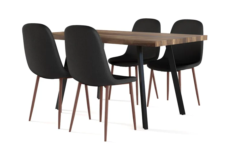 Marcelen Matbord Förlängningsbart med illäggsskiva +  4 st Nibe stol svart med valnöt ben, Brun/Svart
