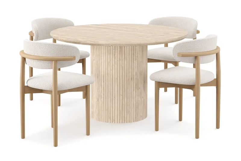 Uppveda Runt Matbord 120cm Travetin utseende med 4 st Jaiveer Matstolar - Beige - Products - Möbler - Bord & matgrupp - Matgrupp