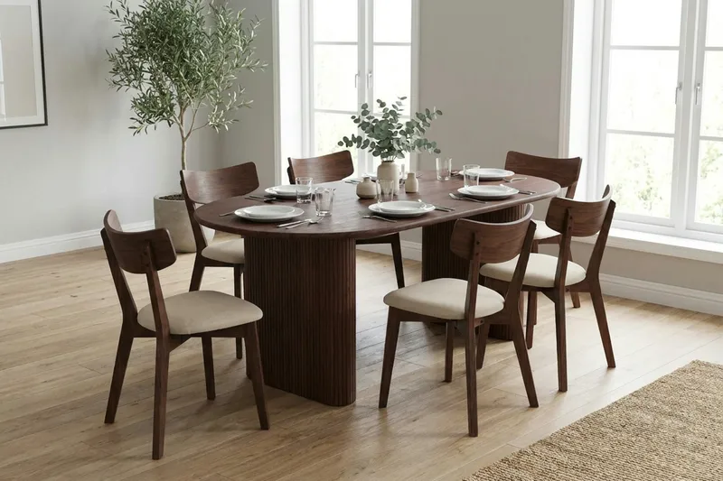 Noira Matgrupp 220 cm rektangulärt i Valnöt med 6 Amelia Matstolar med Dyna - Valnöt/Beige - Products - Möbler - Bord & matgrupp - Matgrupp