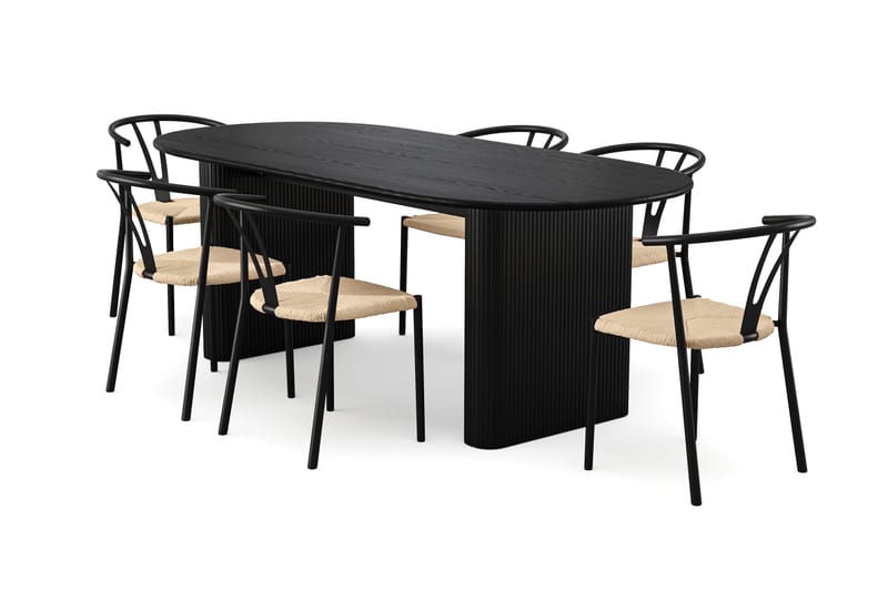 Noira Matgrupp rektangulärt 220 cm Svart med 6 Elysia Matstolar, Svartlaserad ek