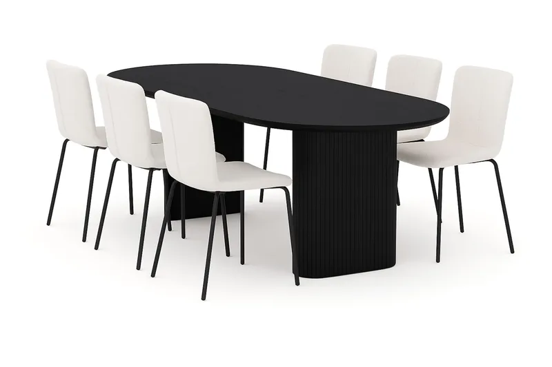 Noira Ovalt Matbord 220 cm med 6 Katy Matstolar - Svart / Vit Bouclé / Metallben Svart - Products - Möbler - Bord & matgrupp - Matgrupp