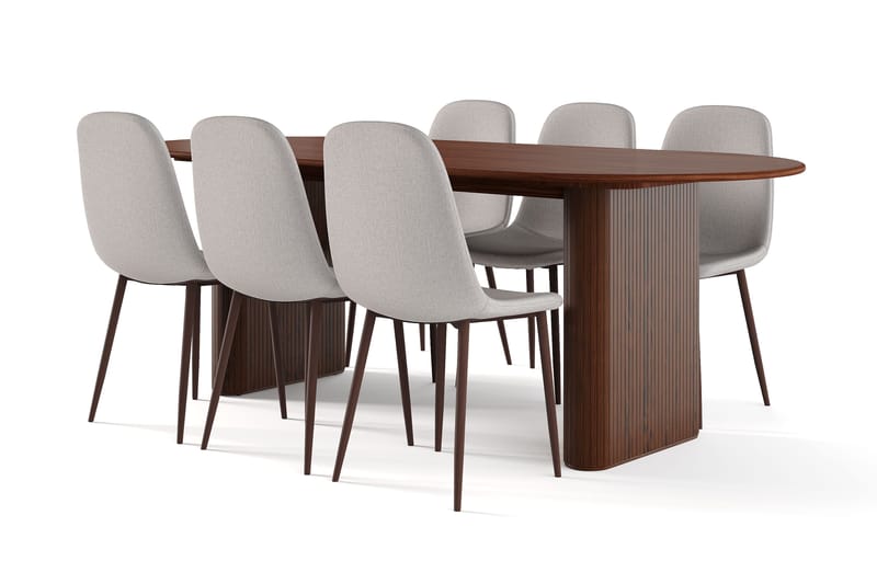 Noira Ovalt Matbord 220 cm Valnöt +  6 st Nibe stol grå med valnöt ben, Brun/Grå