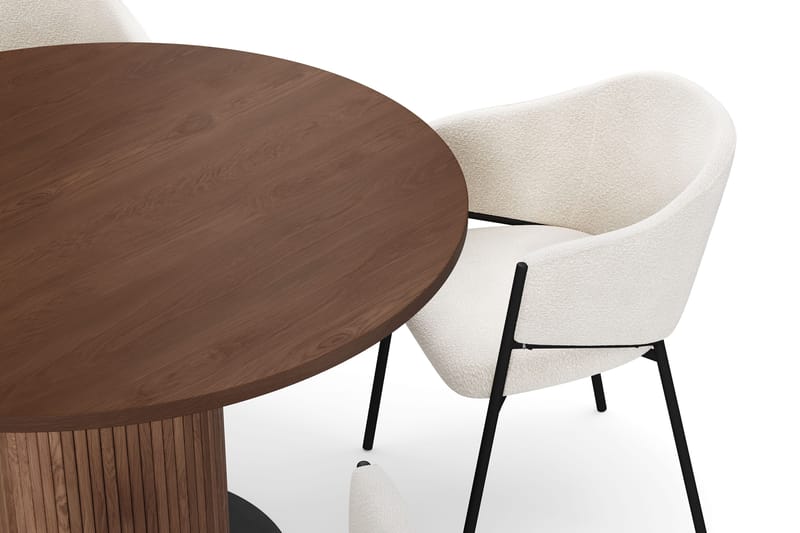 Noira Runt Litet Matbord Massiv Valnöt 120 cm med 4 Filip Matstolar - Brun / Vit Bouclé - Products - Möbler - Bord & matgrupp - Matgrupp