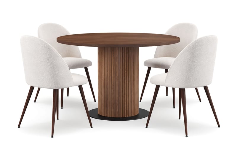 Noira Runt Litet Matbord Massiv Valnöt 120 cm med 4 Nibe Plus Matstolar, Brun / Vit Bouclé / Metallben Valnöt