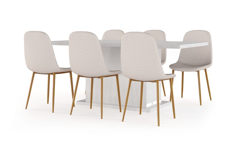 Ratliff Matbord 180 cm Förlängningsbart med illäggsskiva +  6 st Nibe stol beige med ek ben, Vit/Beige