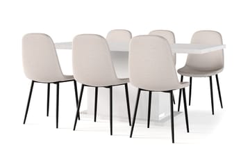 Ratliff Matbord 180 cm Förlängningsbart med illäggsskiva +  6 st Nibe stol beige med svarta ben, Vit/Beige