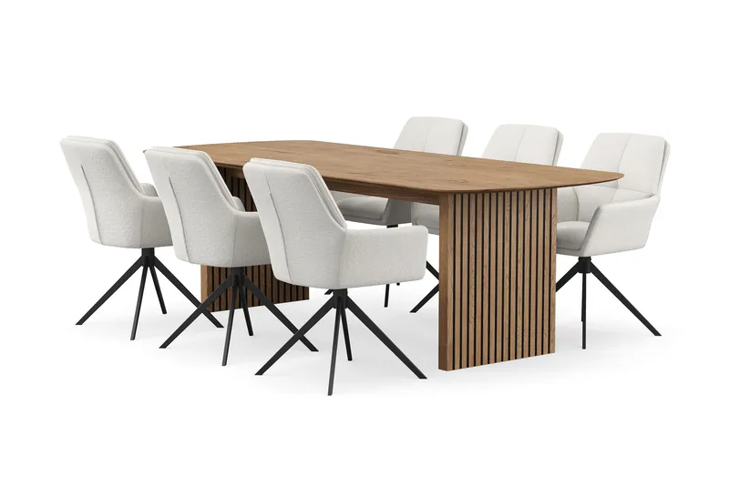 Richeto Matgrupp 240 cm med 6 Torsby Snurrstolar, Naturlig finish/Ljusbeige