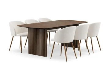 Richeto Matgrupp med 6 Greya Matstolar med Armstöd - Naturlig Finish/Vit Bouclé - Products - Möbler - Bord & matgrupp - Matgrupp