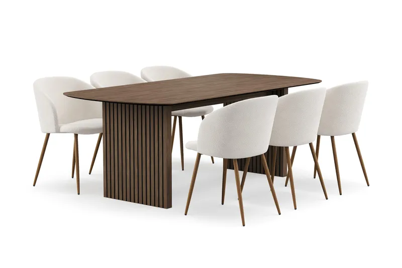 Richeto Matgrupp med 6 Greya Matstolar med Armstöd - Naturlig Finish/Vit Bouclé - Products - Möbler - Bord & matgrupp - Matgrupp