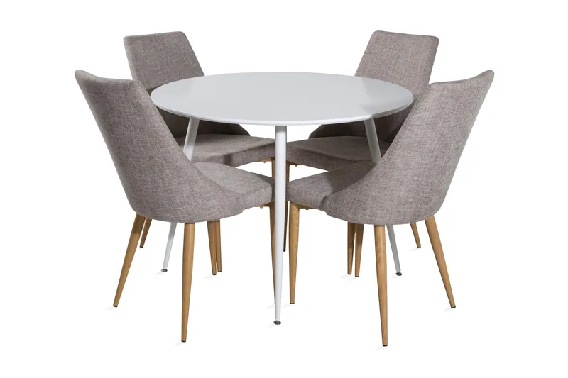 Ridones Matgrupp 100 cm Rund inkl 4 Ludvig Stolar, Vit/Ljusgrå/Ek