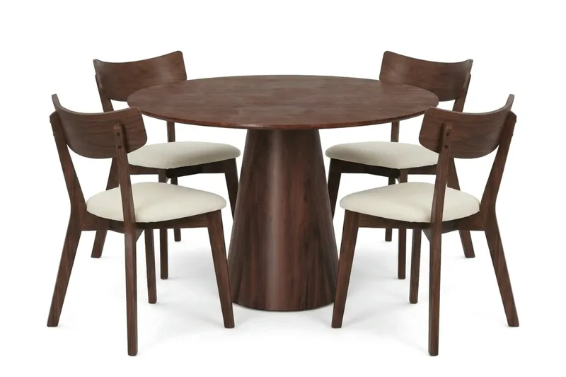 Siena Matgrupp 110 cm runt i Valnöt med 4 Amelia Matstolar med Dyna, Valnöt/Beige