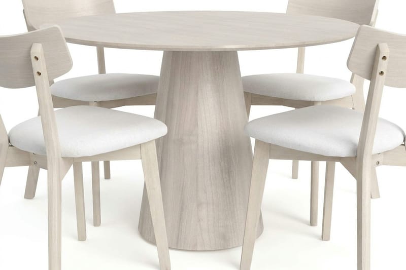 Siena Matgrupp 110 cm runt Vitlaserad med 4 Amelia Matstolar med Dyna - Vitlaserad/Beige - Products - Möbler - Bord & matgrupp - Matgrupp