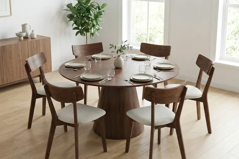 Siena Matgrupp 130 cm runt i Valnöt med 6 Amelia Matstolar med Dyna - Valnöt/Beige - Products - Möbler - Bord & matgrupp - Matgrupp