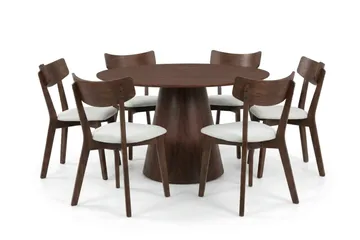 Siena Matgrupp 130 cm runt i Valnöt med 6 Amelia Matstolar med Dyna, Valnöt/Beige