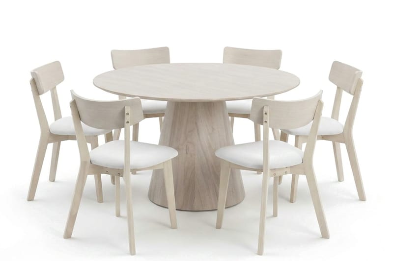 Siena Matgrupp 130 cm runt Vitlaserad med 6 Amelia Matstolar med Dyna - Vitlaserad/Beige - Products - Möbler - Bord & matgrupp - Matgrupp