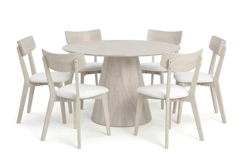 Siena Matgrupp 130 cm runt Vitlaserad med 6 Amelia Matstolar med Dyna, Vitlaserad/Beige