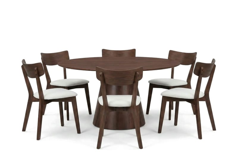 Siena Matgrupp 150 cm runt i Valnöt med 6 Amelia Matstolar med Dyna - Valnöt - Products - Möbler - Bord & matgrupp - Matgrupp