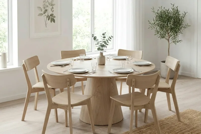 Siena Matgrupp 150 cm runt Vitlaserad med 6 Amelia Matstolar - Vitlaserad - Products - Möbler - Bord & matgrupp - Matgrupp