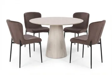Siena Matgrupp runt 110 cm Vitlaserad med 4 Elsie Matstolar, Vitlaserad/Brun